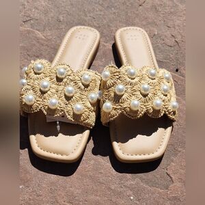 Pearl-Embellished Beige Slide Sandals for Women